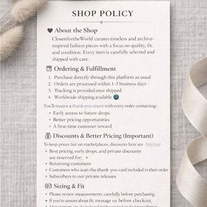 Shop Policy Information Sheet